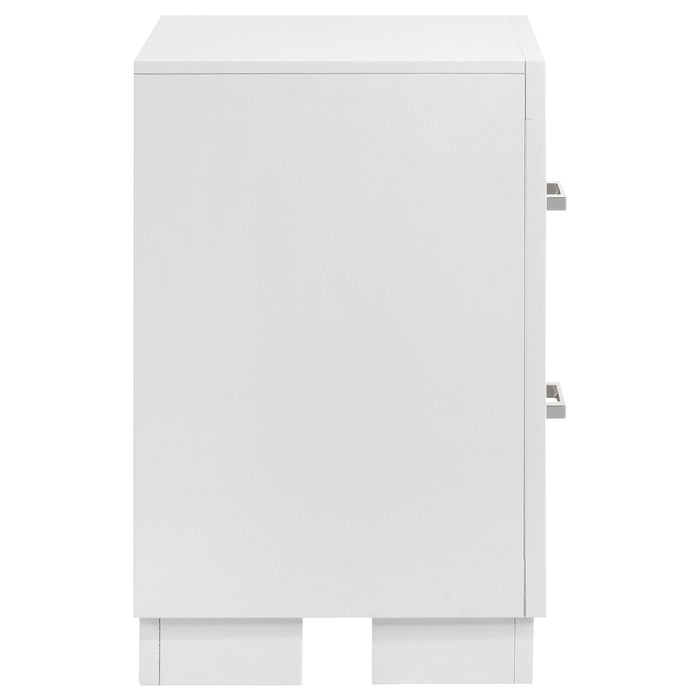 Jessica 2-drawer nightstand by CoasterEssence in snow white finish, featuring sleek design and modern furniture style.