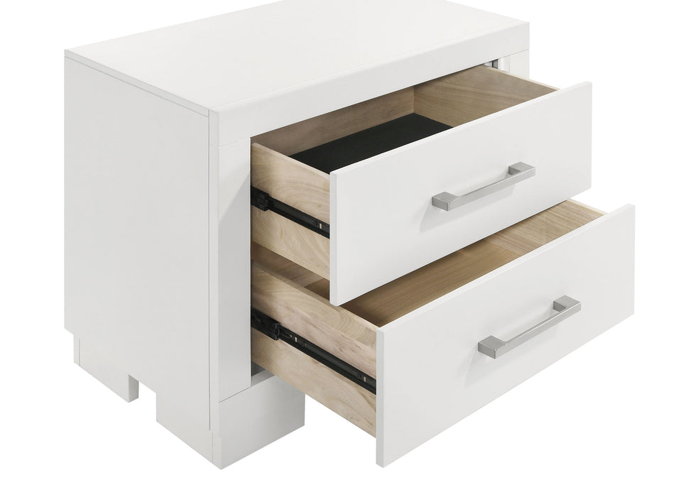 Jessica 2-drawer nightstand in snow white wood finish, modern furniture piece with sleek design and two spacious drawers.