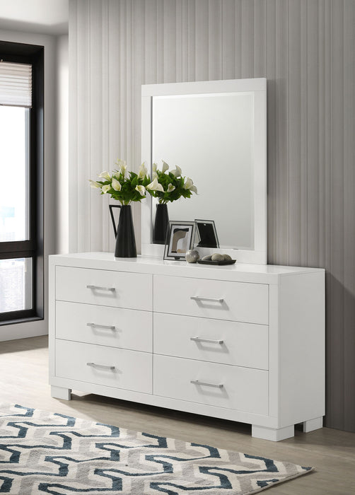 CoasterEssence Jessica 6-drawer dresser with mirror in snow white, showing the sleek furniture with mirror attached.