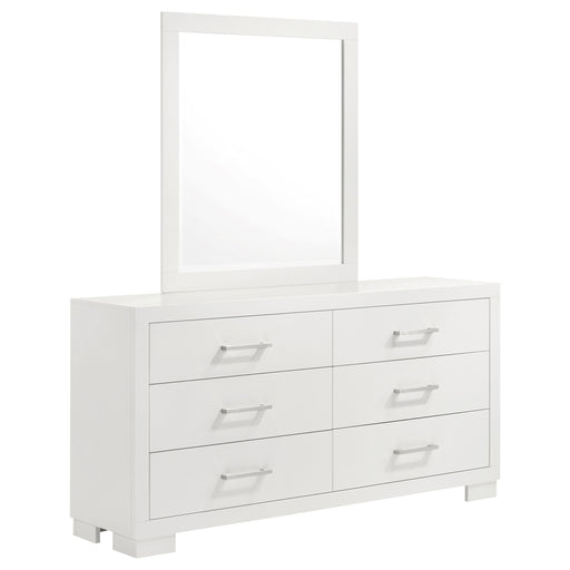 CoasterEssence Jessica 6-drawer dresser with mirror in snow white, showcasing sleek wooden furniture with a large attached mirror.