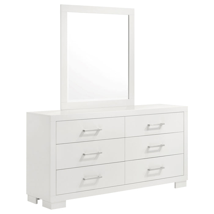 CoasterEssence Jessica 6-drawer dresser with mirror in snow white, showcasing sleek wooden furniture with a large attached mirror.