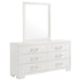 CoasterEssence Jessica 6-drawer dresser with mirror in snow white, showcasing sleek wooden furniture with a large attached mirror.