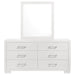 CoasterEssence Jessica 6-drawer dresser with matching mirror in a sleek snow white finish, showcasing spacious drawers and modern design.
