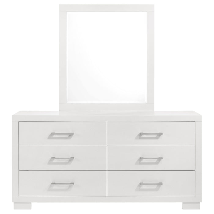 CoasterEssence Jessica 6-drawer dresser with attached mirror in a sleek snow white finish, showcasing a modern bedroom furniture piece.