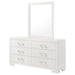 Jessica white 6-drawer dresser with attached mirror from CoasterEssence, showcasing sleek furniture design in a bright, modern bedroom setting.
