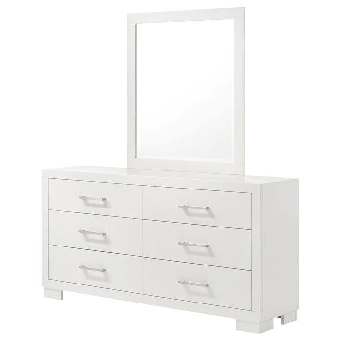 Jessica 6-drawer dresser with mirror in snow white, featuring sleek furniture design and modern handles, from CoasterEssence.