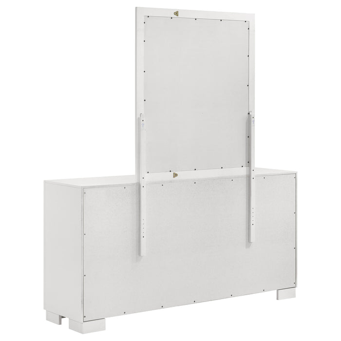 CoasterEssence Jessica 6-drawer dresser with matching mirror in snowy white finish, featuring sleek modern design and wood construction.