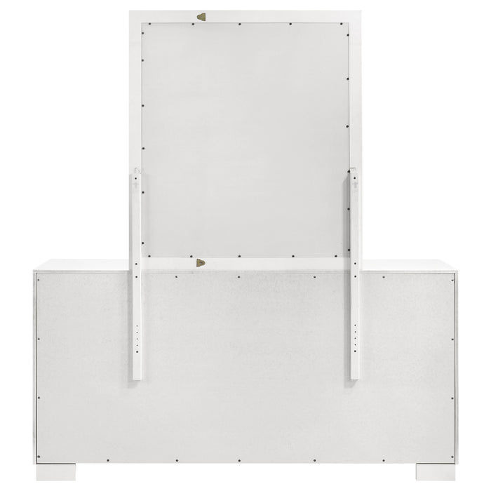 CoasterEssence Jessica 6-drawer Dresser with Mirror in snow white, featuring sleek wooden drawers and framed mirror for bedroom decor.