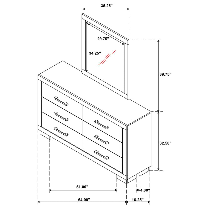 CoasterEssence Jessica white 6-drawer dresser with matching mirror, modern bedroom furniture with sleek handles and spacious storage.