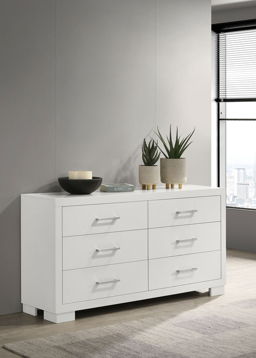 Jessica six-drawer dresser in snow white wood finish, featuring a sleek modern design and silver-tone drawer handles.