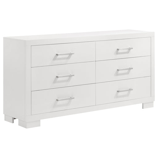 CoasterEssence Jessica 6-drawer Dresser in Snow White with sleek handles and modern design, showing a clean, stylish furniture piece.