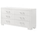 CoasterEssence Jessica 6-drawer dresser in snow white finish showing sleek wooden furniture with six spacious drawers and modern design