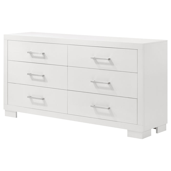 CoasterEssence Jessica 6-drawer dresser in snow white with sleek modern design and silver handles, showing smooth finish and spacious drawers.