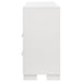 CoasterEssence Jessica white 6-drawer dresser with sleek modern design and silver handles, wooden furniture for bedroom storage.