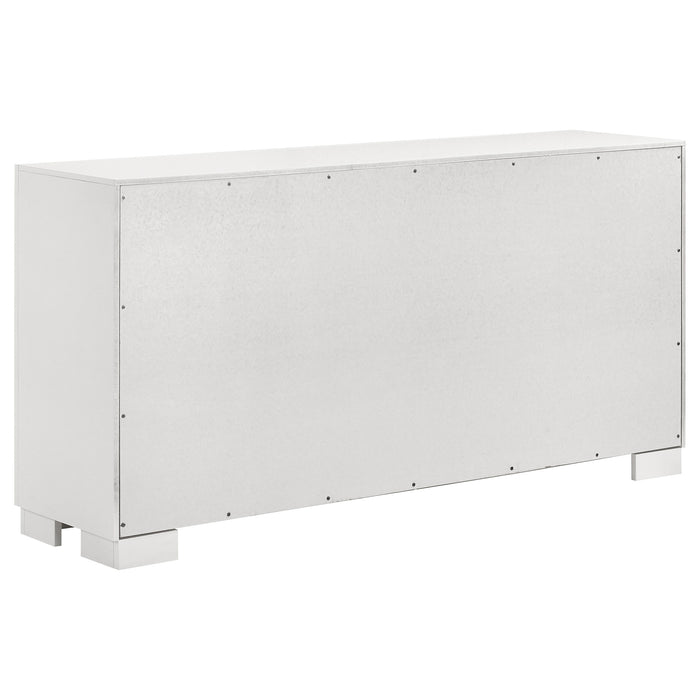 CoasterEssence Jessica 6-drawer dresser in snow white with sleek design and silver handles, standing on a hardwood floor.