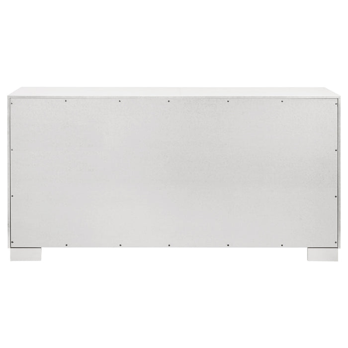 CoasterEssence Jessica snow white 6-drawer dresser with sleek modern design and silver handles, showing smooth finish and sturdy construction.