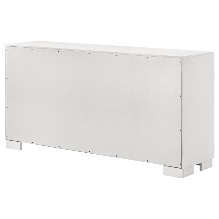 CoasterEssence Jessica white 6-drawer dresser with sleek modern design and silver handles, placed in a contemporary bedroom setting.
