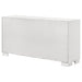 CoasterEssence Jessica white 6-drawer dresser with sleek modern design and silver handles, placed in a contemporary bedroom setting.