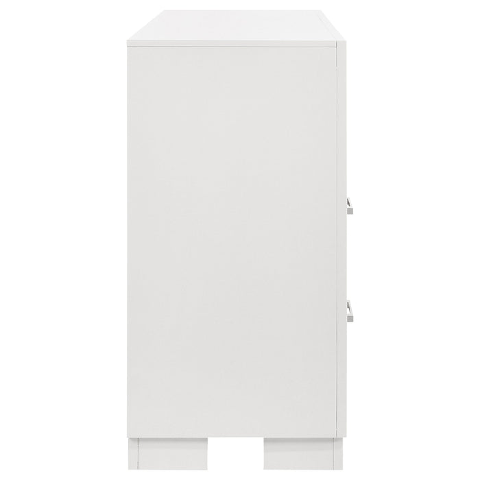 CoasterEssence Jessica 6-drawer Snow White dresser with sleek handles and smooth finish, showcasing a modern bedroom furniture piece.