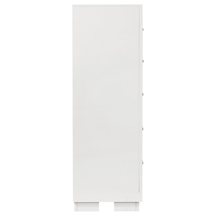 CoasterEssence Jessica 5-drawer bedroom chest in snow white, featuring sleek design and multiple storage drawers.