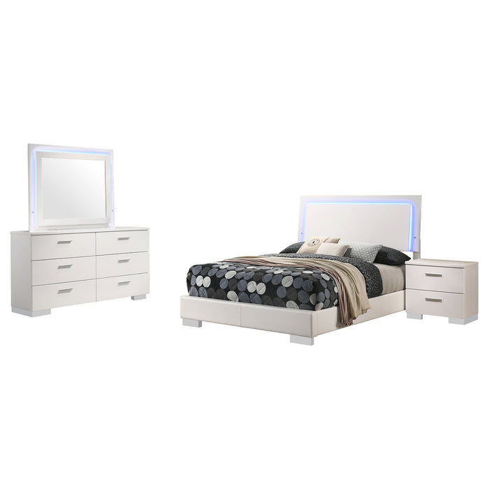 Felicity 4-piece full bedroom set by CoasterEssence in white high gloss finish, includes bed frame, dresser, mirror, and nightstands.
