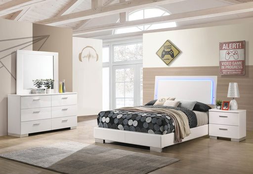 Felicity 4-piece full bedroom set by CoasterEssence in white high gloss includes bed frame, nightstands, and dresser with sleek modern design.