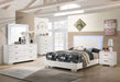 White high gloss Felicity 5-piece bedroom furniture set by CoasterEssence, including a bed frame, dressers, and nightstands.