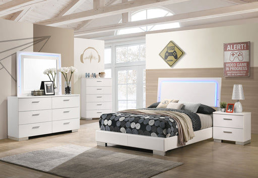 Felicity 5-piece full bedroom set by CoasterEssence featuring white high gloss finish, includes bed, nightstands, and dresser.