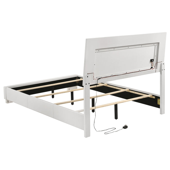 White high gloss Felicity 5-piece bedroom furniture set by CoasterEssence, including bed, nightstands, dresser, and mirror.