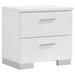 White high gloss Felicity 5-piece bedroom set by CoasterEssence, including a bed frame, nightstands, dresser, and mirror.