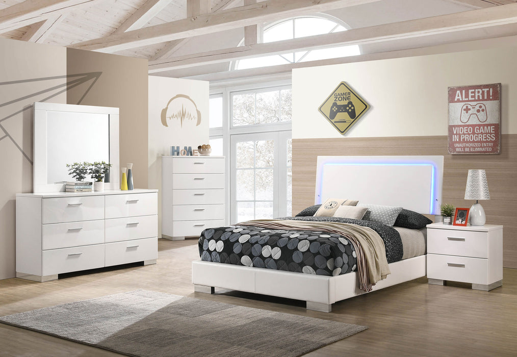 Felicity 5-piece full bedroom set in white high gloss with bed frame, nightstands, and dresser from CoasterEssence furniture collection