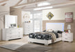 White high gloss Felicity 5-piece bedroom set by CoasterEssence, including a bed frame, nightstands, and dresser, in a modern furniture style.