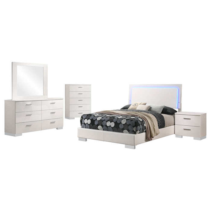 Felicity 5-piece white high gloss bedroom set by CoasterEssence, including a bed, nightstands, dresser, and mirror in a modern furniture style.