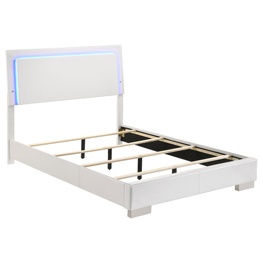 Felicity Wood Full LED Panel Bed in white high gloss with sleek modern design and built-in LED lighting, from CoasterEssence furniture collection.
