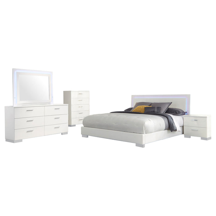 Felicity 5-piece Eastern King bedroom set by CoasterEssence with white high gloss finish, includes bed, dresser, and nightstands.