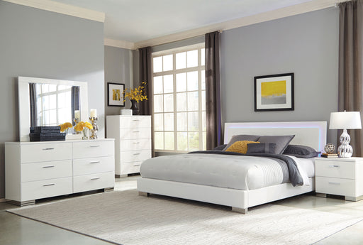 Felicity 5-piece Eastern King bedroom furniture set in glossy white finish, includes bed frame, nightstands, and dresser.