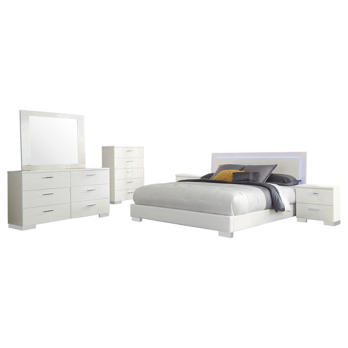 White high gloss Felicity 6-piece Eastern King bedroom furniture set with sleek modern design from CoasterEssence.