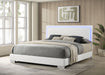 White high gloss Felicity Wood Eastern King LED Panel Bed by CoasterEssence, showcasing sleek modern furniture with LED lighting details.