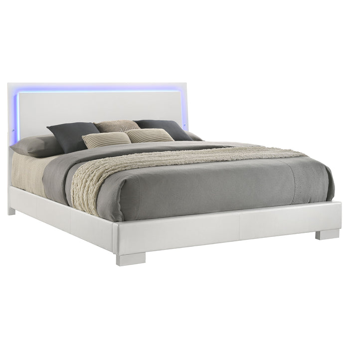 Felicity Wood Eastern King LED Panel Bed by CoasterEssence with white high gloss finish and modern furniture design.