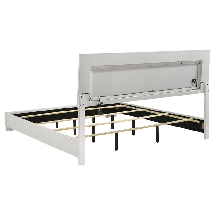Felicity Wood Eastern King LED Panel Bed in white high gloss finish, showcasing sleek modern furniture design with illuminated headboard.