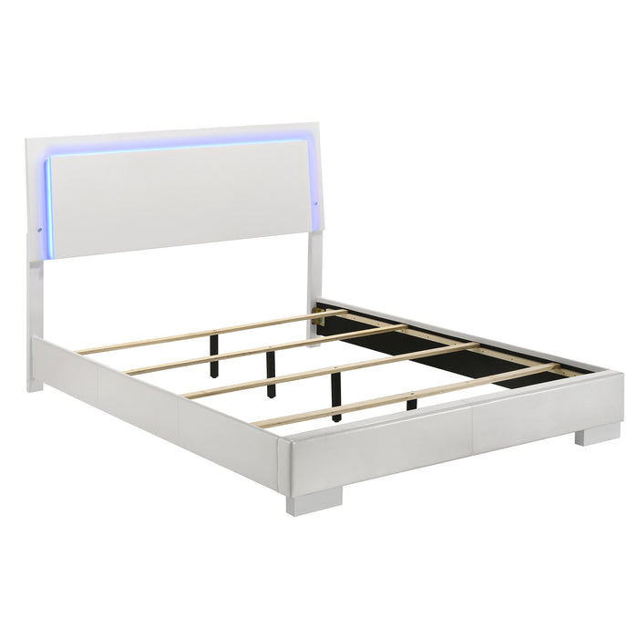 CoasterEssence Felicity 4-piece white high gloss queen bedroom set with bed, nightstand, dresser, and mirror