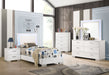 CoasterEssence Felicity 4-piece twin bedroom set in white high gloss with bed, dresser, mirror, and nightstand