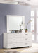 White high gloss Felicity wood dresser with six drawers and matching mirror, modern furniture by CoasterEssence.