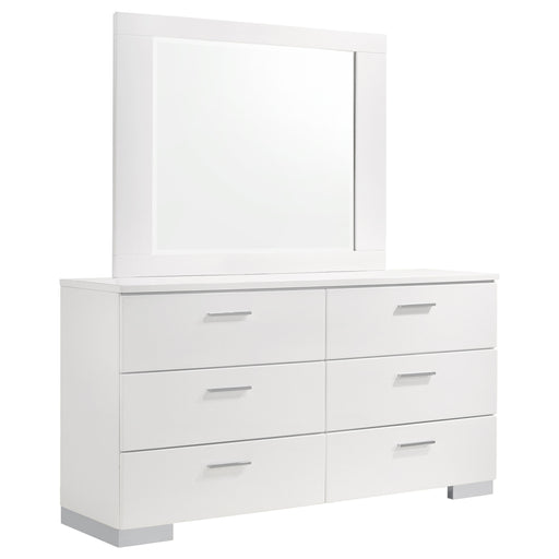 White high gloss Felicity 6-drawer wood dresser with mirror by CoasterEssence, showcasing sleek modern furniture design.
