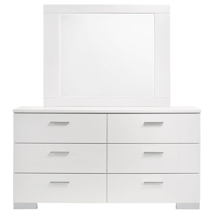 White high gloss Felicity 6-drawer wood dresser with mirror by CoasterEssence, showcasing sleek modern furniture design.