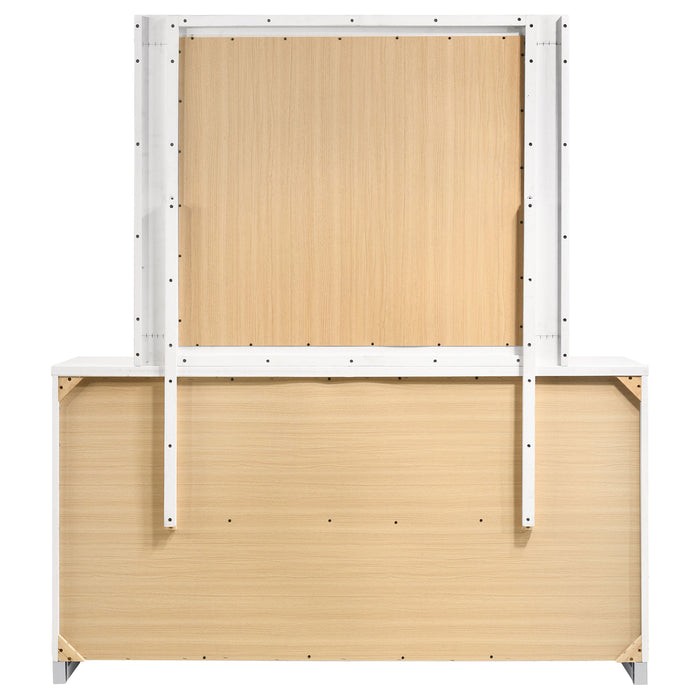White high gloss Felicity 6-drawer wood dresser with mirror, featuring sleek modern design from CoasterEssence furniture collection.