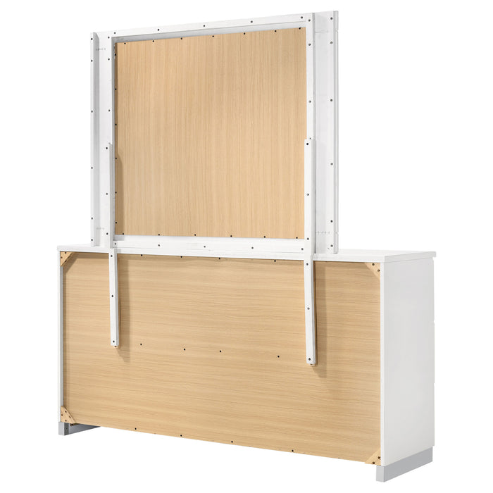 White high gloss Felicity 6-drawer wood dresser with mirror and sleek modern design by CoasterEssence.
