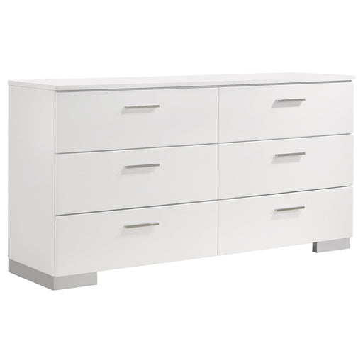 White high gloss Felicity 6-drawer dresser by CoasterEssence, showcasing sleek modern furniture with metal handles and clean lines.
