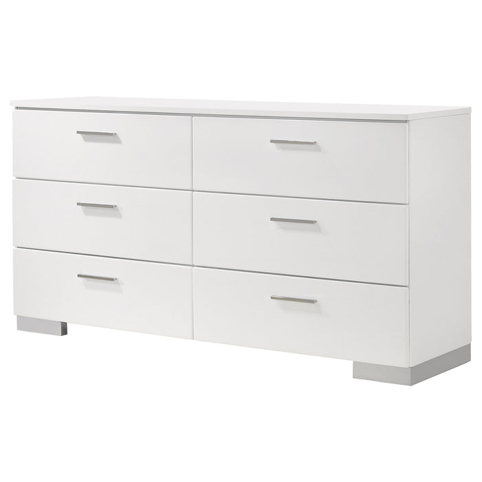 White high gloss Felicity 6-drawer dresser by CoasterEssence, showcasing sleek modern furniture with spacious drawers and smooth finish.