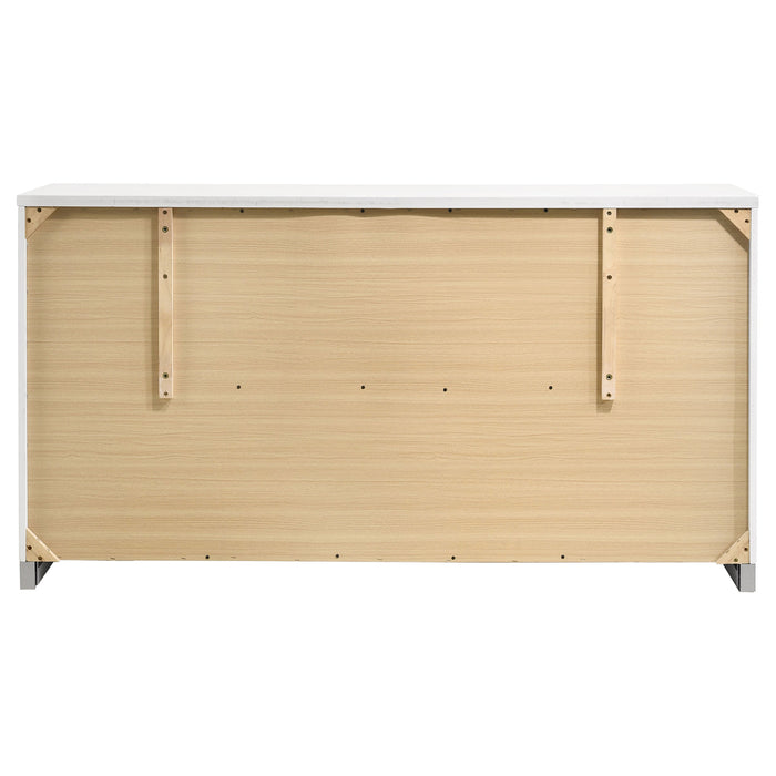 White high gloss Felicity 6-drawer dresser by CoasterEssence, featuring sleek modern furniture design with silver handles.